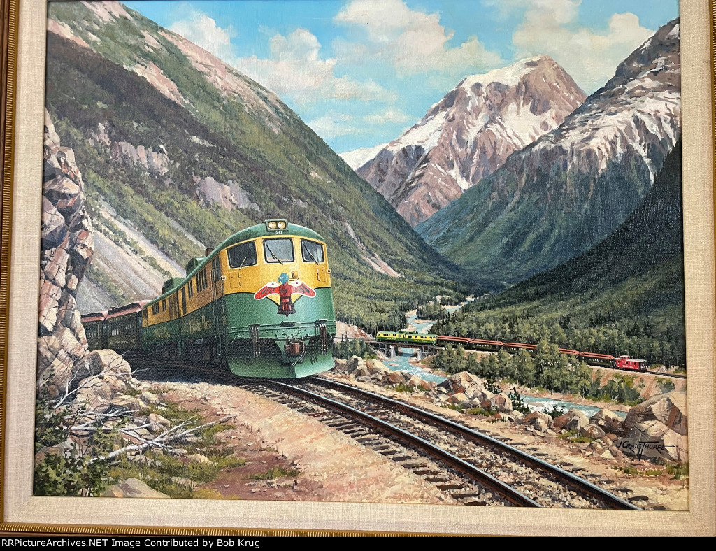 WPYR 90 ascending to White Pass - This is a painting in the White Pass & Yukon Railroad's ticket office in Skagway